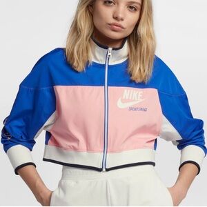 NIKE Track Jacket Pink Blue Cropped Sportswear Spellout Bomber Retro Sz XL